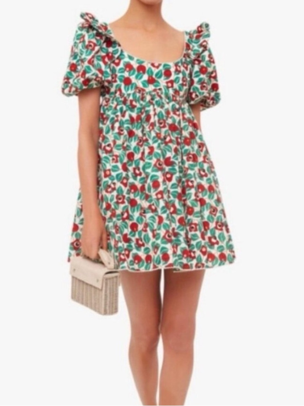 Agua Bendita Green and Red Floral Puff-Sleeve Mini Dress